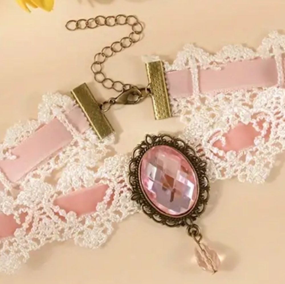 Y3K‎ Barbiecore Pink Lace Choker Necklace with Gemstone (#0223)